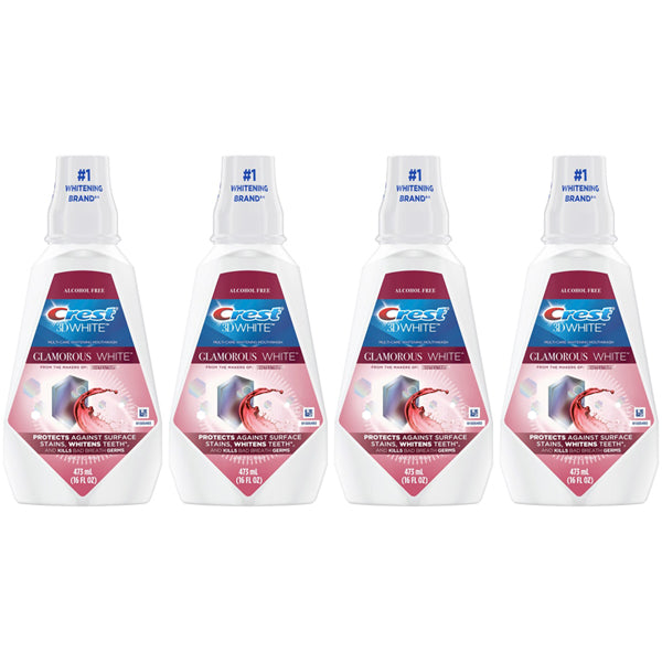 Four bottles of Crest 3D White Glamorous White Alcohol Free Mouthwash Fresh Mint 16oz, from Crest, are shown in a row with their front labels visible.